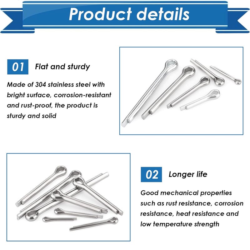 Eoppen 230Pcs Cotter Pin Assortment Kit - 304 Stainless Steel 12 Sizes Cotter Pin Set for Hitch Pin Lock Systems - Image 3